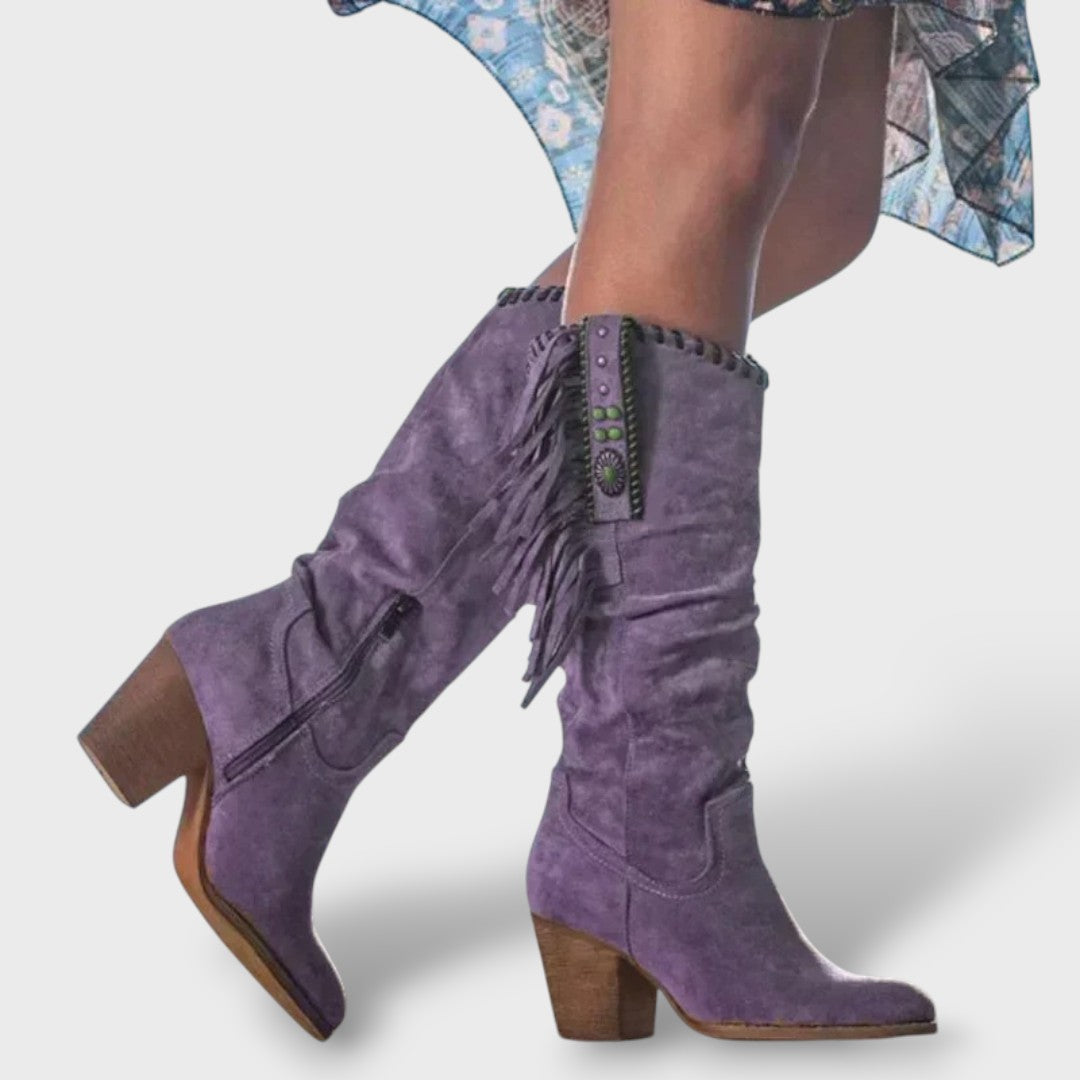 Botas Cowboy Altas – Tacón y Hebilla, Tacones, detalle de tela | Moda Acosta