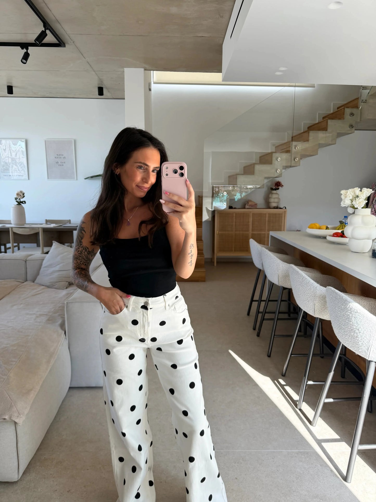 Wide Leg Hose mit Punkten – Weiß